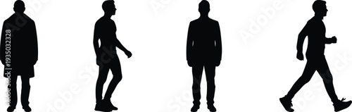 A set of four distinct male human silhouettes, showcasing various poses including standing, walking, and striding forward, rendered in solid black against a pristine white background.