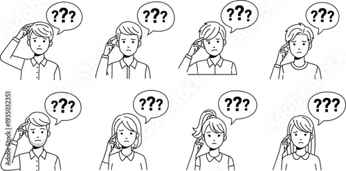 Confused people thinking vector set with question marks and puzzled male and female characters