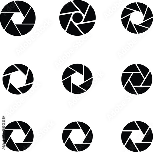 Camera shutter icons, aperture symbols, photography pictograms, vector silhouette set, circular lens design, visual media elements, digital graphic art