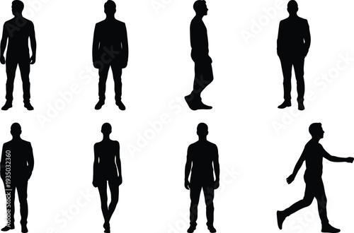 A diverse array of eight human silhouettes, featuring both men and women in various standing, walking, and running poses, depicted as solid black figures against a crisp white background.