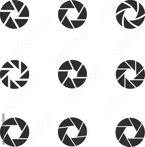 Camera shutter icons, aperture symbols, photography pictograms, vector silhouette set, circular lens blades, visual media elements, digital graphic design art