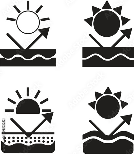 Skin Protection Icon set collection group with sunscreen shield, sunblock lotion tube, UV defense symbol, dermatology care sign, skincare safety line art vector isolated on white background.