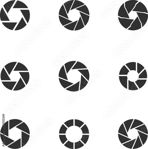 Camera shutter icons, aperture symbols, photography pictograms, vector silhouette set, circular lens blades, creative design elements, digital graphic art