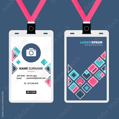 Modern geometric ID card template with pink and blue diamond patterns