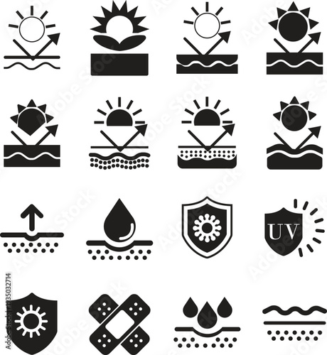 Skin Protection Icon set collection group with sunscreen shield, sunblock lotion tube, UV defense symbol, dermatology care sign, skincare safety line art vector isolated on white background.