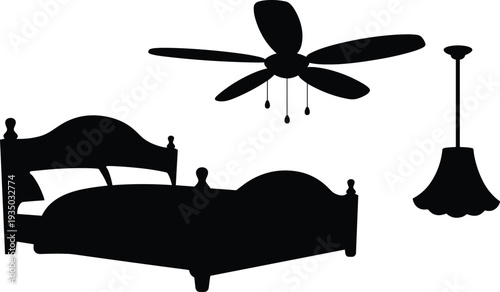 Black silhouette of a classic wooden bed with pillows, a ceiling fan, and a hanging pendant lamp on white background