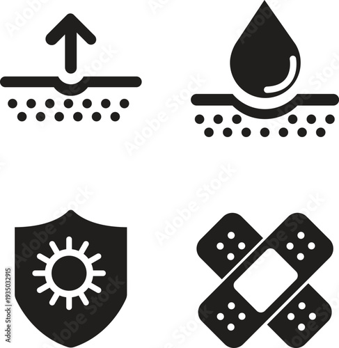 Skin Protection Icon set collection group with sunscreen shield, sunblock lotion tube, UV defense symbol, dermatology care sign, skincare safety line art vector isolated on white background.