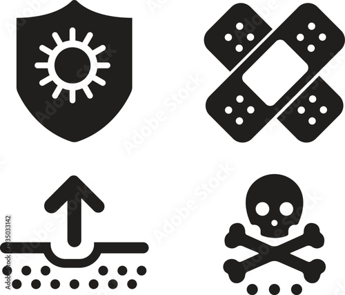 Skin Protection Icon set collection group with sunscreen shield, sunblock lotion tube, UV defense symbol, dermatology care sign, skincare safety line art vector isolated on white background.