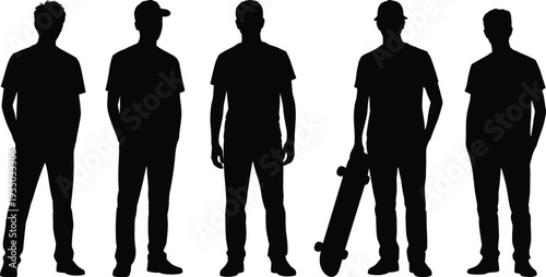 Black silhouette of five young casual men standing in a row including a skater with a skateboard on white background