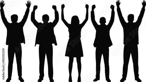 Black silhouette of five successful business people cheering with raised arms celebrating victory and team achievement isolated on white background