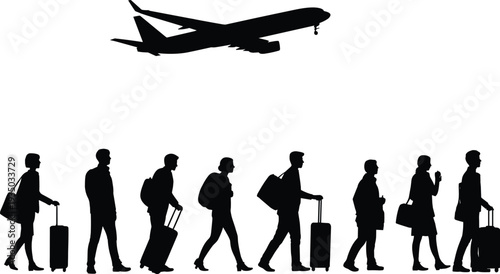 Black silhouette of travelers with luggage walking in a row under a flying airplane representing global travel and airport transportation
