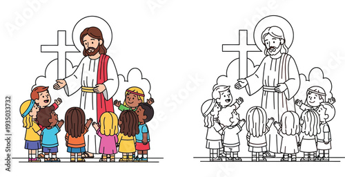 Jesus and Children Coloring Page - Welcoming Diverse Kids with Open Arms, Religious Education & Outreach.