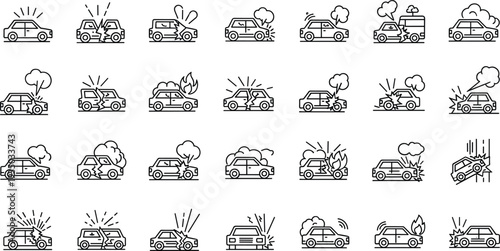 Car accident and breakdown line icons set damaged vehicle crash smoke fire vector illustration collection