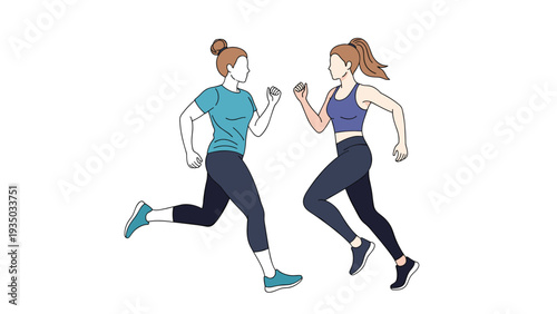 Two active women jogging together in sportswear as part of their healthy lifestyle and fitness routine against a white background.