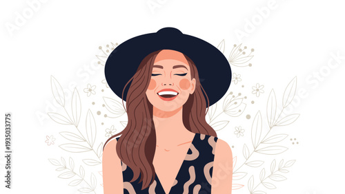 Happy woman with closed eyes laughing and wearing a stylish black wide-brimmed hat against a subtle floral leaf background.