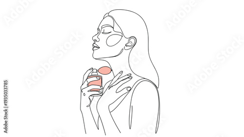 Minimalist line art illustration of a woman applying perfume to her neck with subtle pink accents on her cheeks and bottle.