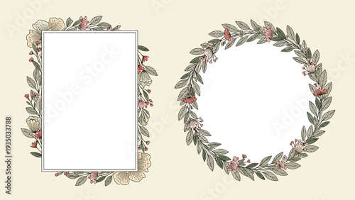 Pair of vintage botanical frames featuring a delicate rectangular border and a circular floral wreath with leaves and small flowers.