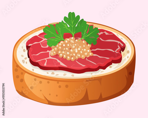 Open faced sandwich with smoked salmon cream cheese and fresh herbs on toasted baguette slice snack - Vector Illustration