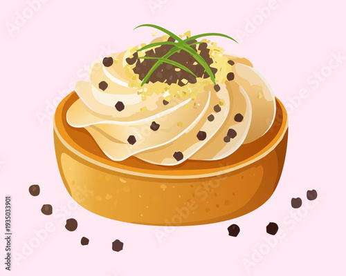 Layered black forest cake square with whipped cream and blueberry for premium bakery dessert shop catalog - Vector Illustration