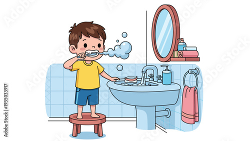 Young boy standing on a stool to brush his teeth at a blue sink in a bathroom as part of his morning routine.