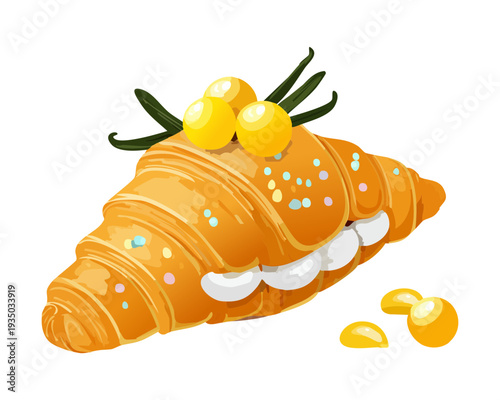 Fresh croissant topped with passion fruit slices and cream for tropical breakfast buffet catering menu item - Vector Illustration