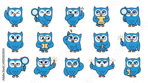 Set of cute blue owl characters depicted in various poses and activities such as reading researching and thinking.