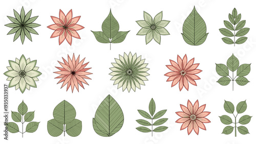 Systematic grid of different flower species and leaf shapes in muted pink and green tones for botanical studies or patterns.