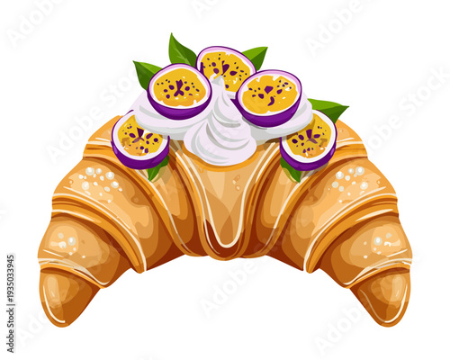 Chocolate croissant filled with whipped cream and raspberry jam for indulgent breakfast pastry shop menu item - Vector Illustration