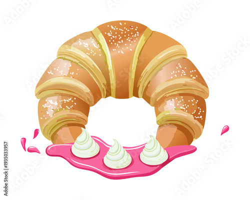 Croissant sandwich with cream and strawberry jam for sweet brunch or afternoon tea snack menu design - Vector Illustration