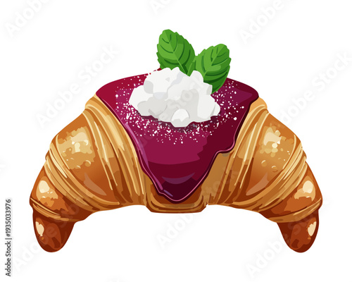 Matcha green tea croissant with creamy filling and powder dusting for japanese fusion bakery shop menu - Vector Illustration