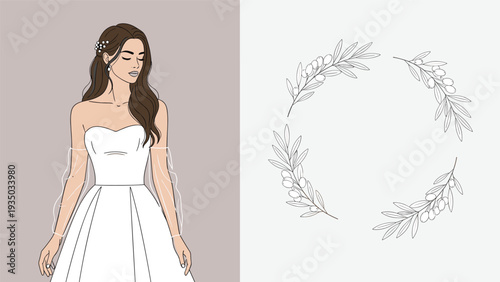 Elegant bride in a white wedding gown paired with delicate olive branch circular wreaths for romantic wedding theme inspiration.