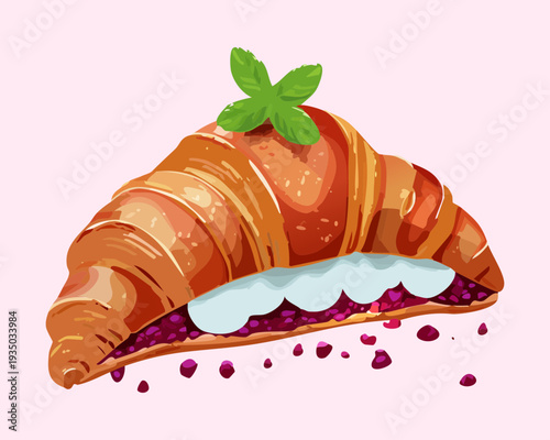 Green tea flavored croissant with matcha glaze for modern artisanal bakery healthy dessert menu graphic design - Vector Illustration