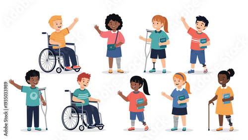Group of diverse happy children with different physical disabilities representing inclusivity and friendship in a positive illustration.