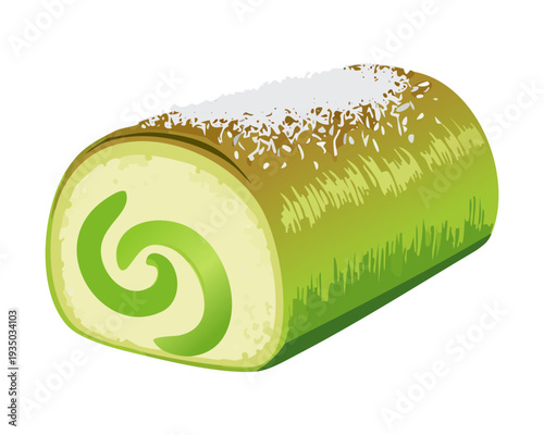 Green tea sponge roll with whipped cream for artisanal bakery dessert display or sweet snack menu - Vector Illustration