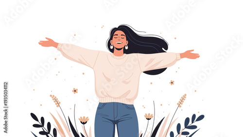 Joyful woman with outstretched arms standing in a field of wildflowers representing freedom and happiness.
