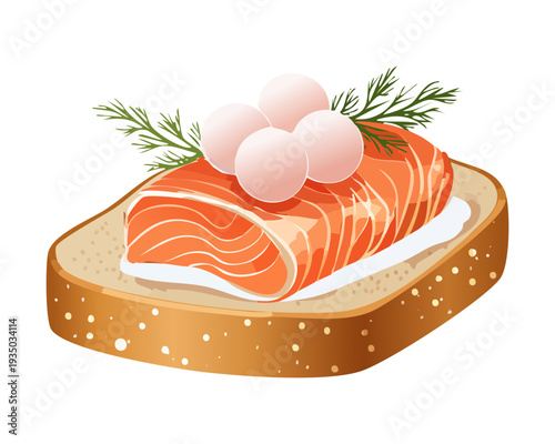 Gourmet salmon toast with whipped cream and white pearls for elegant seafood appetizer catering menu item - Vector Illustration