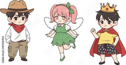 Set of three cute cartoon children in fantasy costumes including a cowboy a forest fairy and a young king prince