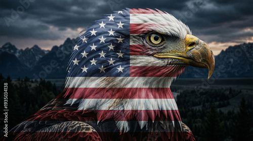Bald Eagle Portrait over Faded US Flag and Mountain Landscape