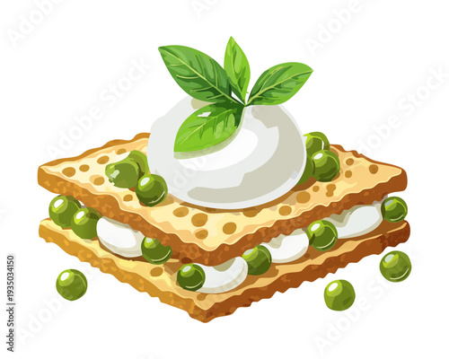 Layered cracker snack with cream and green peas for unique savory appetizer or party finger food - Vector Illustration