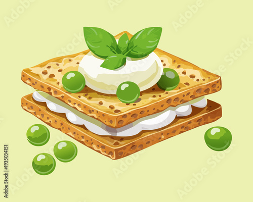 Multi layered cracker appetizer with cream and peas for elegant catering or party food menu graphic - Vector Illustration