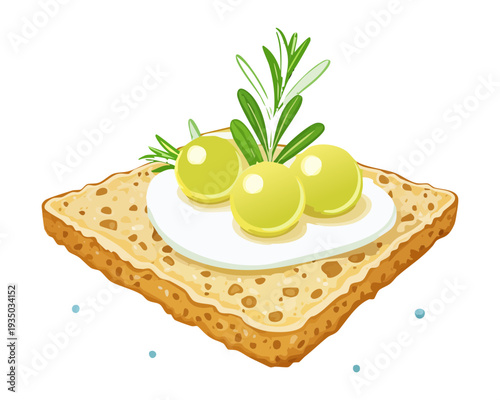 Savory cracker with green olives and rosemary for mediterranean style appetizer or wine snack menu design - Vector Illustration