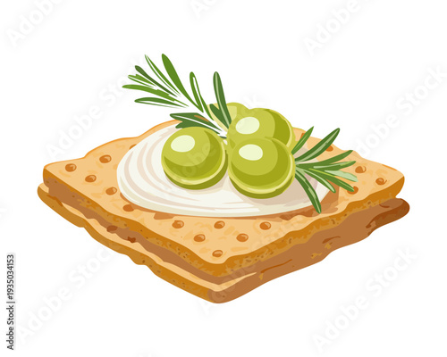 Gourmet cracker with olives and herb garnish for elegant cocktail party finger food appetizer menu graphic - Vector Illustration
