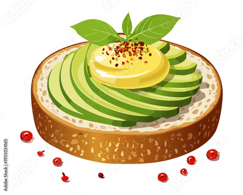 Round avocado toast with egg and spice for nutritious morning breakfast or cafe snack menu design - Vector Illustration