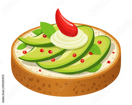 Avocado toast with red chili and cream for spicy healthy breakfast or brunch cafe menu design - Vector Illustration