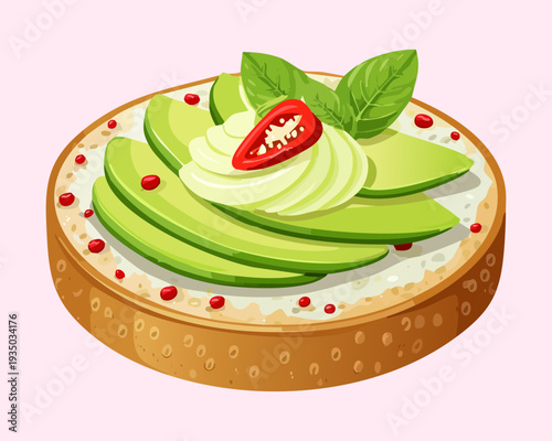 Sliced avocado on toast with chili and herb garnish for trendy healthy lunch menu graphic design item - Vector Illustration