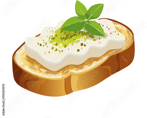 Creamy tart with green pistachio topping and herb garnish for modern bakery dessert menu graphic design - Vector Illustration