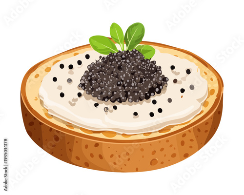 Toasted bun with cream and black caviar for luxury appetizer or gourmet seafood snack menu design - Vector Illustration