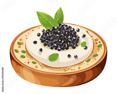 Round toast with cream cheese and black caviar for sophisticated cocktail party catering appetizer menu item - Vector Illustration