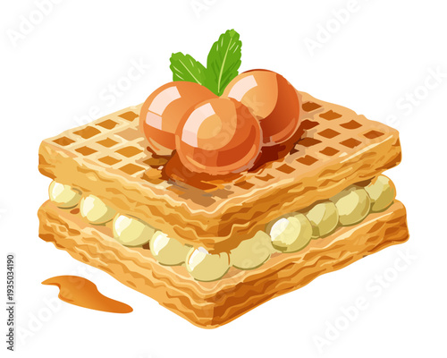 Multi layered waffle with cream and caramel for indulgent breakfast or dessert menu graphic design presentation - Vector Illustration
