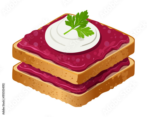 Square layered berry cake with whipped cream for elegant restaurant dessert menu or bakery shop catalog - Vector Illustration